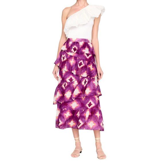 Marie Oliver Maria Skirt Purple White Ikat Tiered Ruffle Linen Silk 2 - Picture 1 of 7